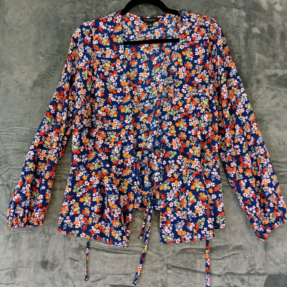 Banana Republic Blouse Womens Medium Blue Floral Tie Waist Long Sleeve Boho Top